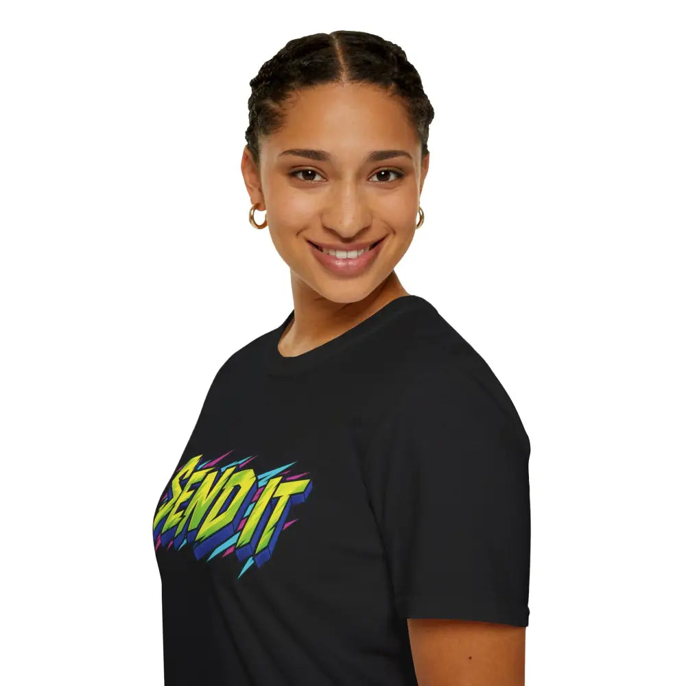 Black cotton send it graphic unisex t-shirt with vibrant neon accents made from ethically sourced ring-spun cotton
