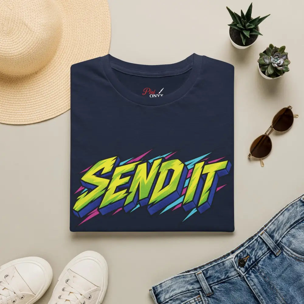 Navy blue send it graphic unisex t-shirt with neon yellow green design made of ethically sourced ring-spun cotton