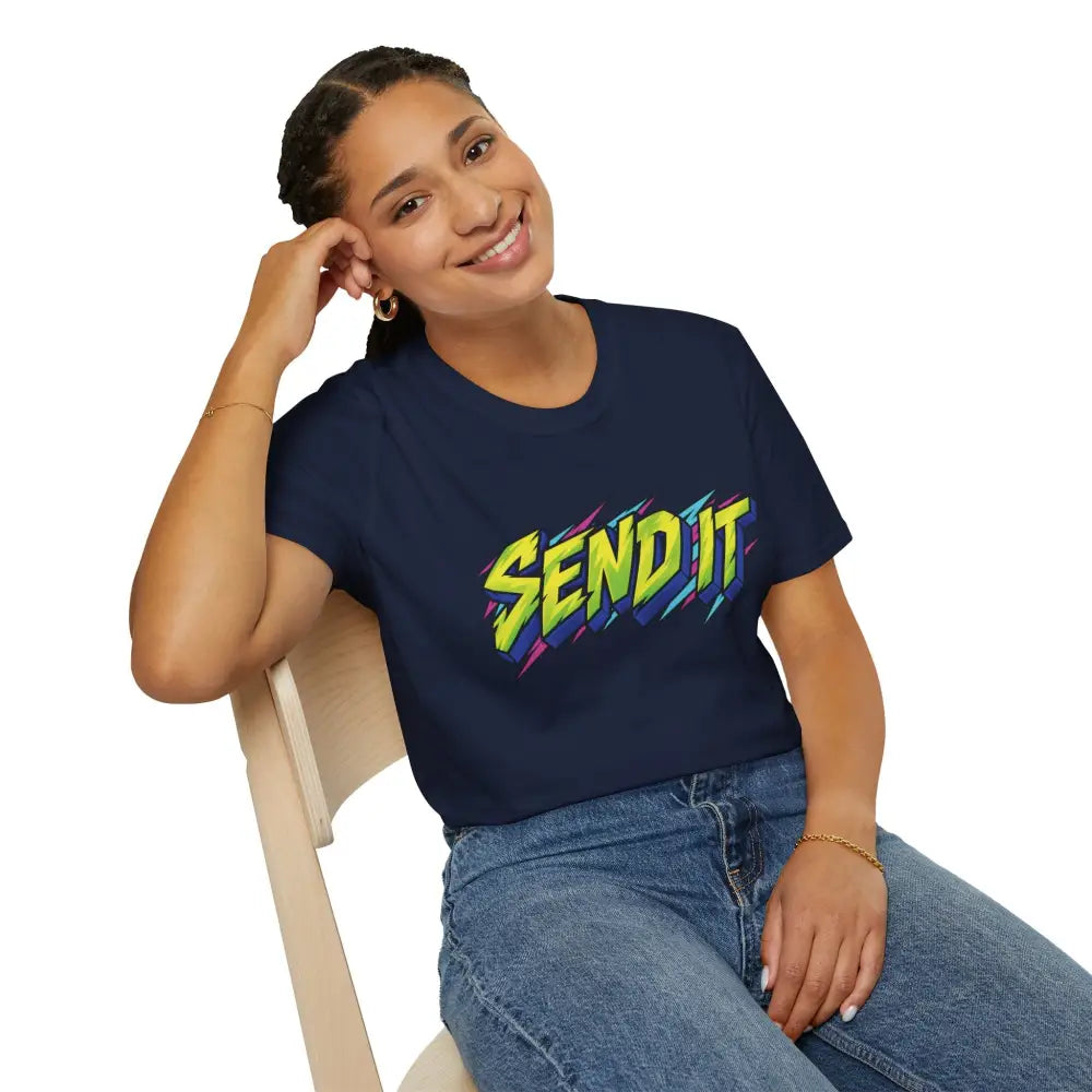 Navy blue Send It graphic unisex t-shirt in ring-spun cotton with neon lightning bolt design for skate and extreme sports