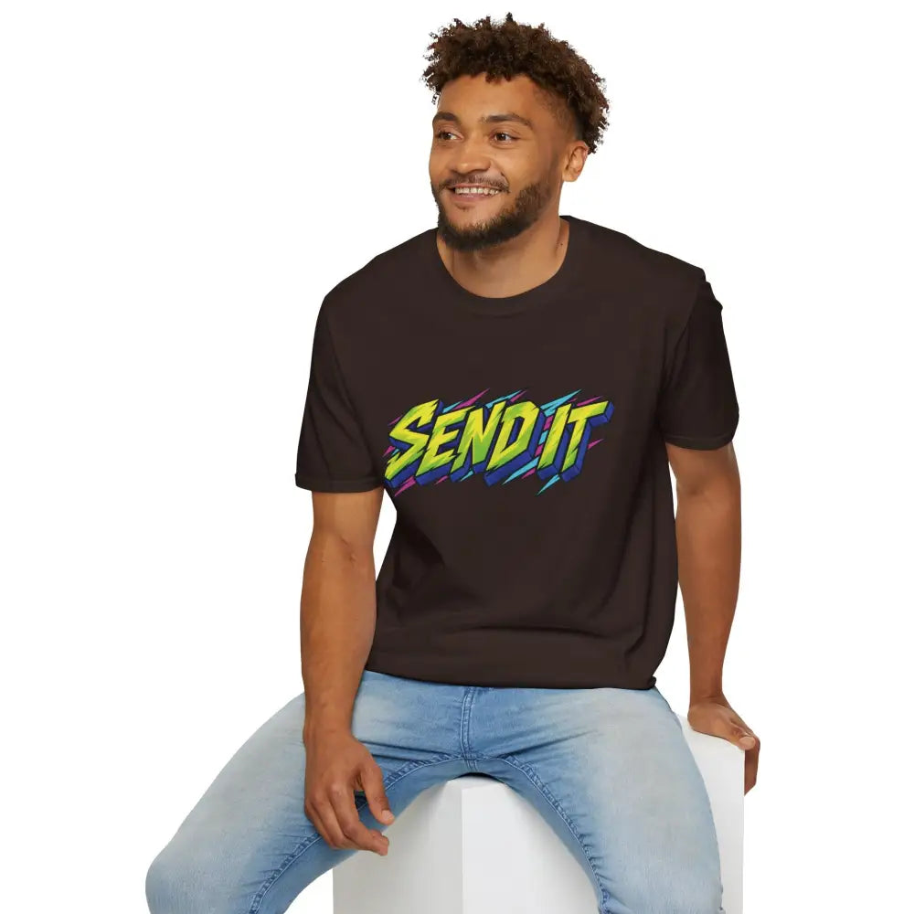 Black cotton send it graphic unisex t-shirt with vibrant multi-colored design made from ethically sourced ring-spun cotton