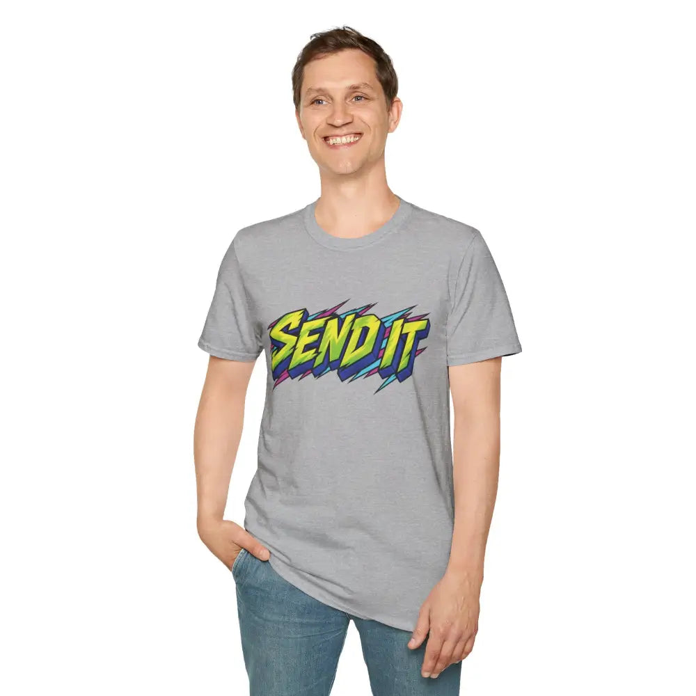 Gray ethically sourced ring-spun cotton Send It graphic unisex t-shirt with bold yellow and green lettering outlined in blue and purple