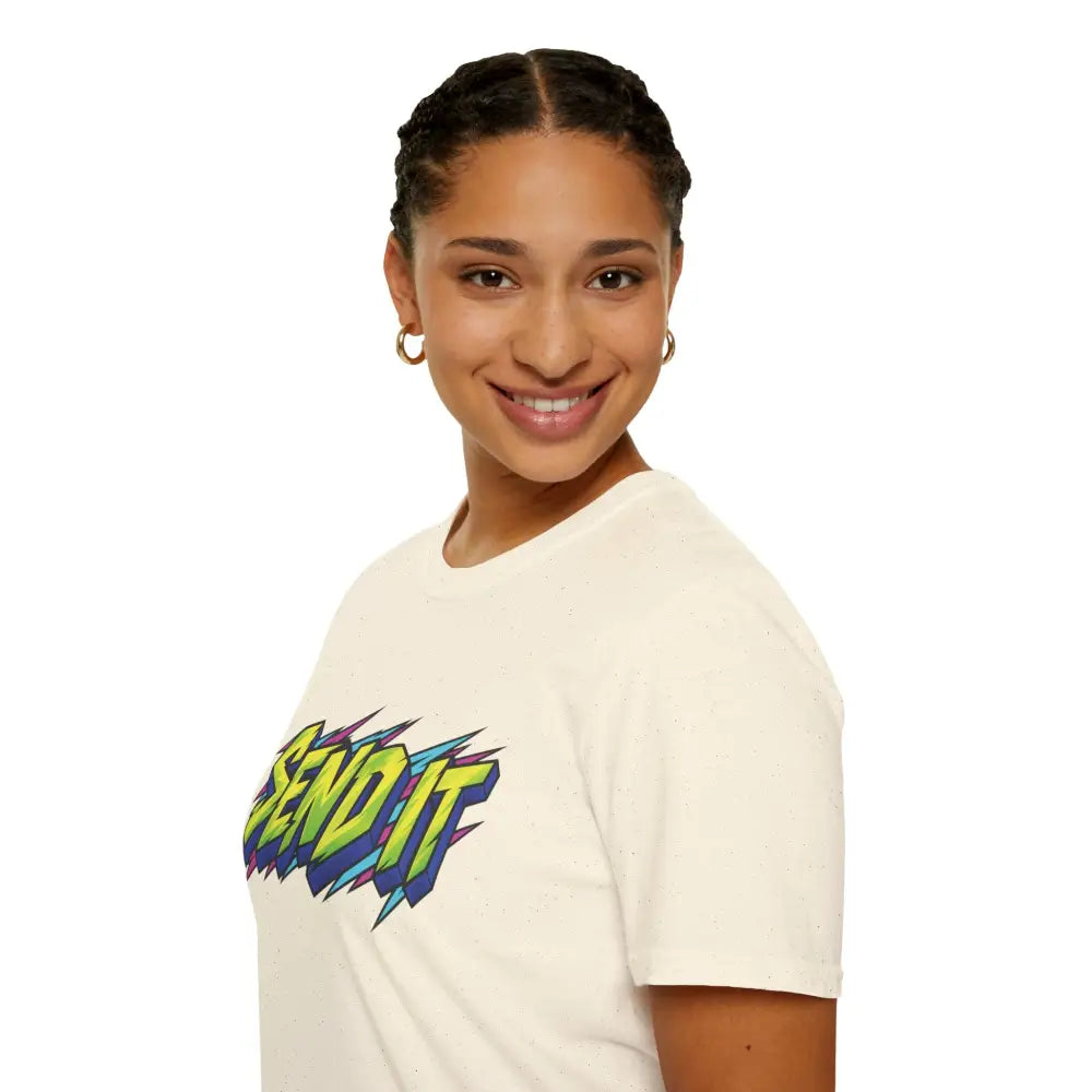 Cream-colored send it graphic unisex t-shirt made of ethically sourced ring-spun cotton with bold retro skate design