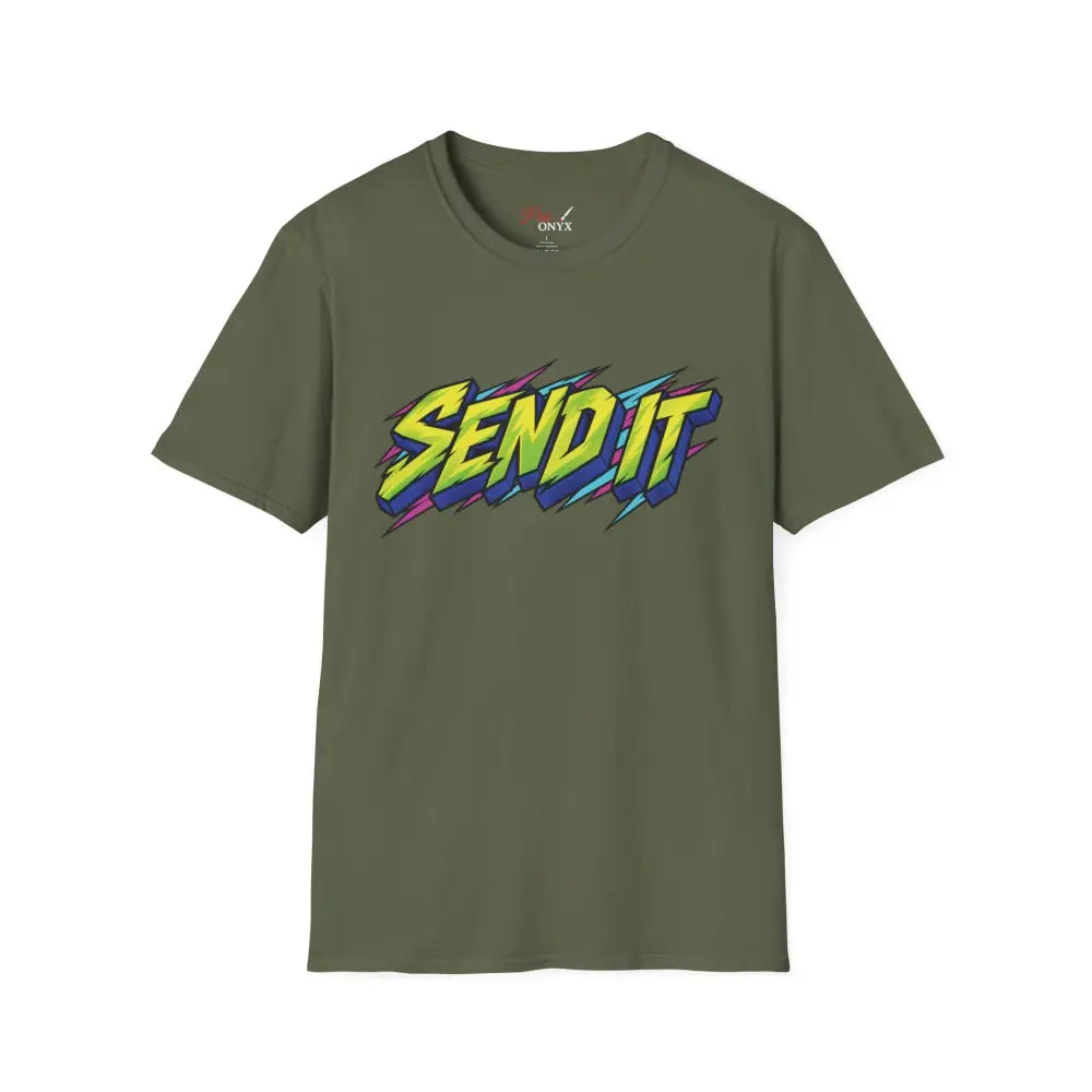 Olive green short-sleeved Send It graphic t-shirt in ethically sourced ring-spun cotton with neon retro skate design