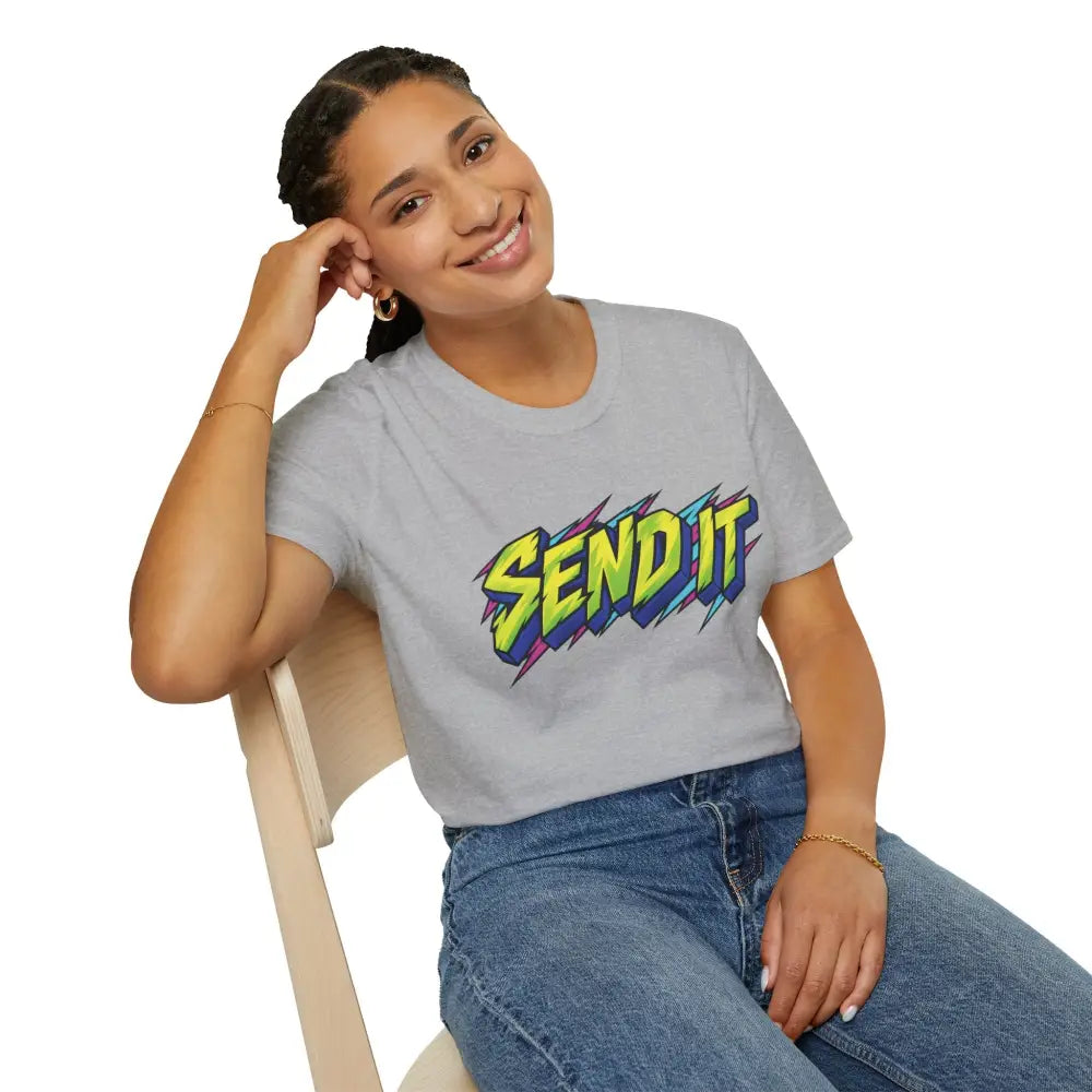 Gray ring-spun cotton unisex t-shirt with bold neon yellow and purple send it graphic, ethically sourced and low heat care