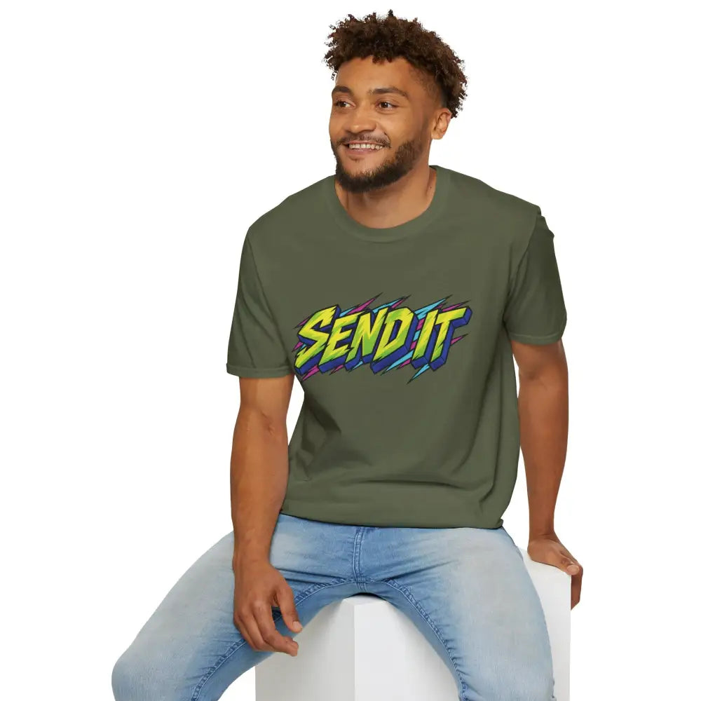 Olive green send it graphic unisex t-shirt with neon lettering made from ethically sourced ring-spun cotton for low heat care