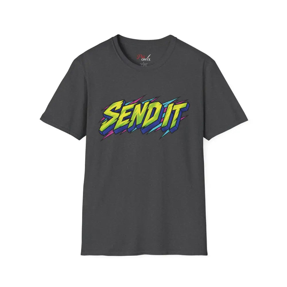 Dark gray ethically sourced ring-spun cotton send it graphic unisex t-shirt with neon yellow and blue skate design