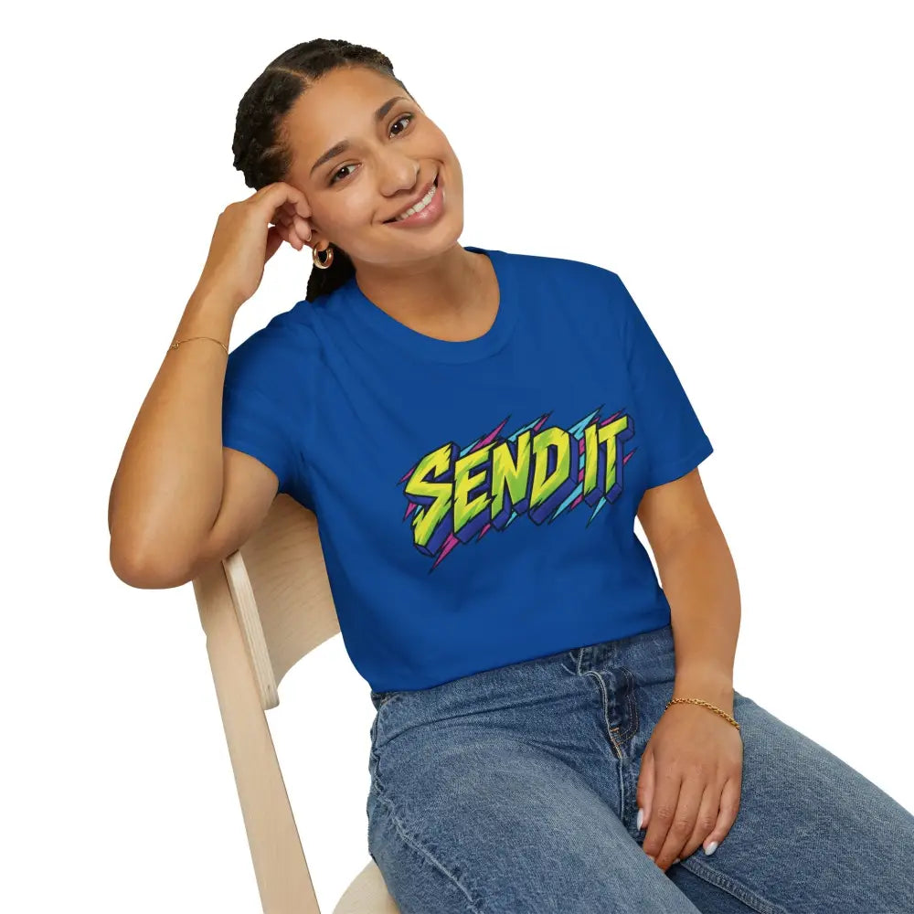 Blue send it graphic unisex t-shirt made of ethically sourced ring-spun cotton with vibrant retro lightning bolt design