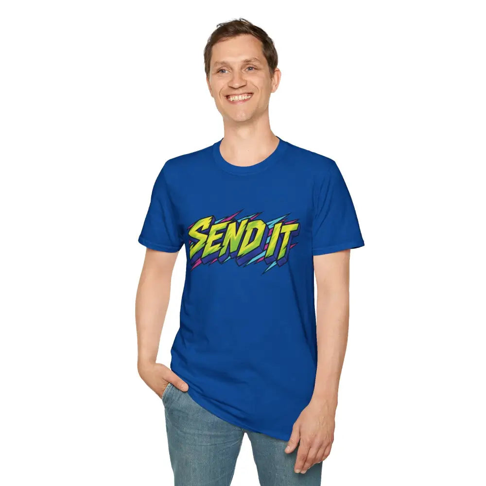 Blue cotton send it graphic unisex t-shirt with vibrant lightning bolts made from ethically sourced ring-spun cotton