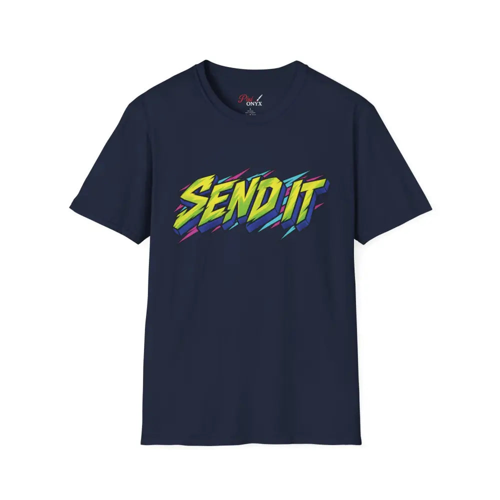 Navy blue unisex short-sleeved t-shirt with vibrant send it graphic made from ethically sourced ring-spun cotton