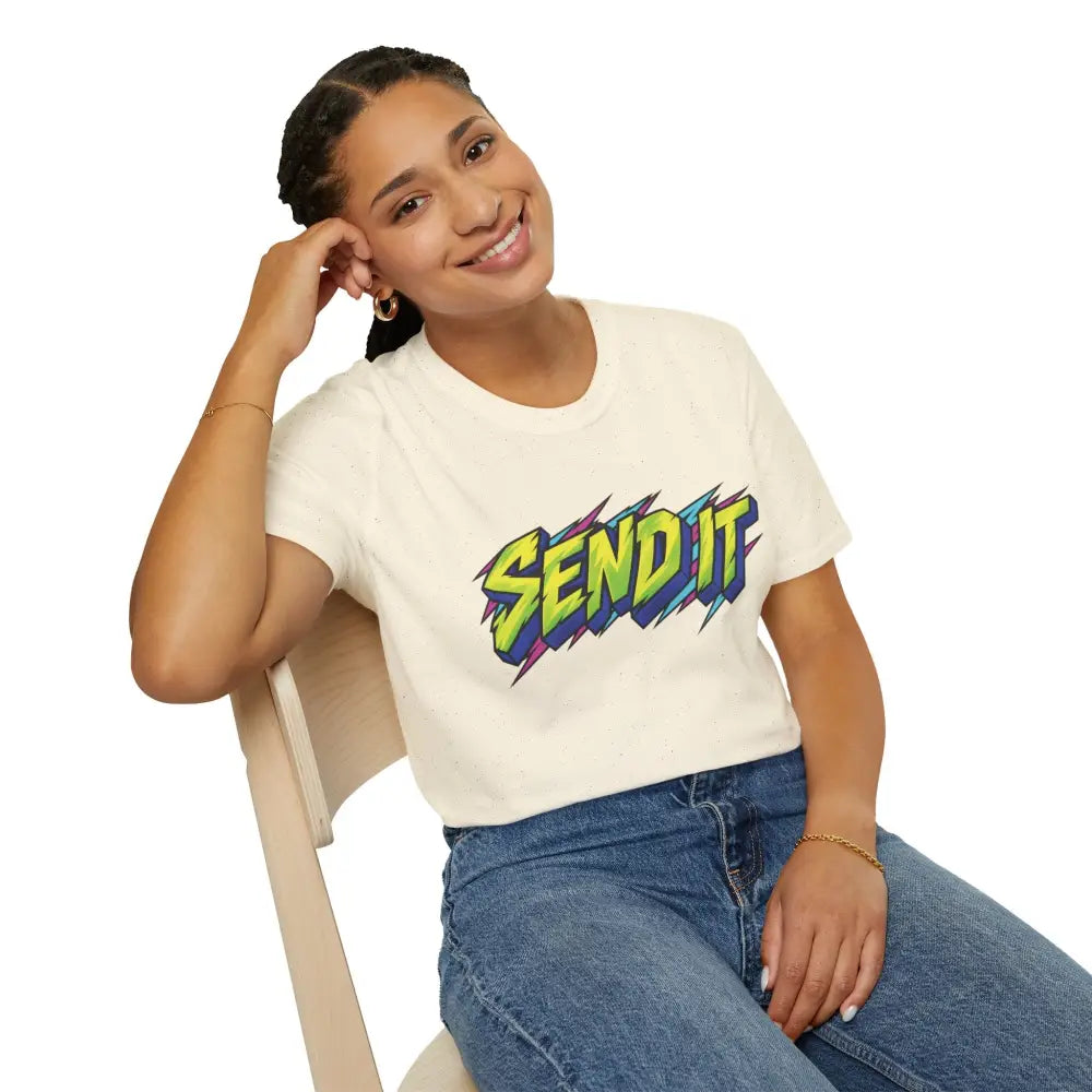 Cream-colored cream-colored ring-spun cotton send it graphic unisex t-shirt with colorful design for extreme sports