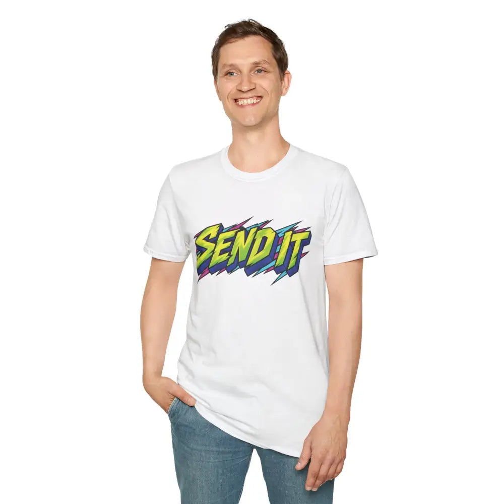 White cotton unisex t-shirt with bold colorful send it graphic made from ethically sourced ring-spun cotton