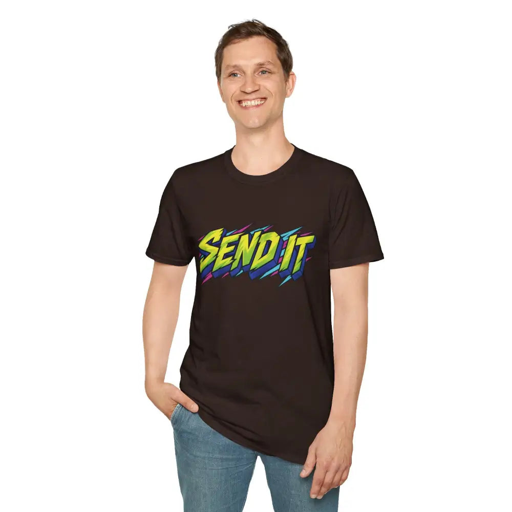 Black cotton send it graphic unisex t-shirt with vibrant yellow and blue design made from ethically sourced ring-spun cotton