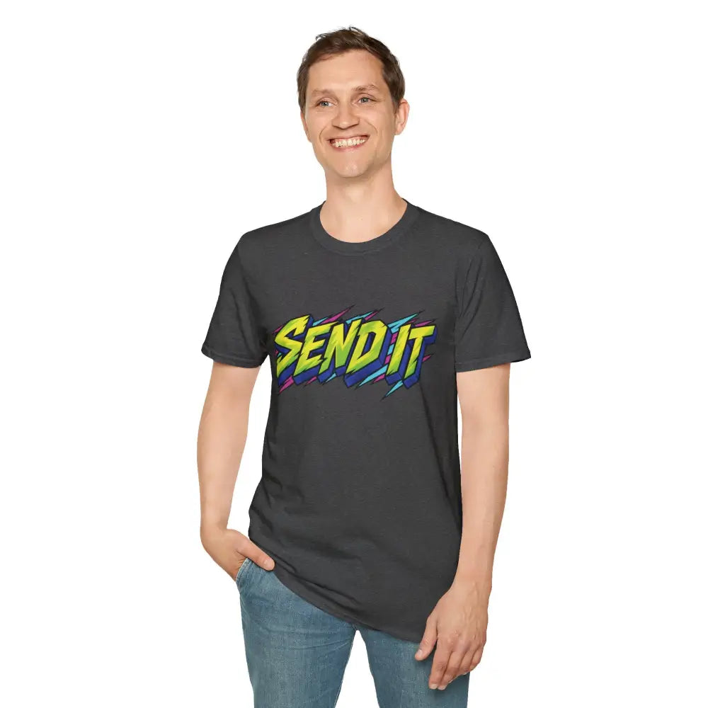 Dark gray ethically sourced ring-spun cotton send it graphic t-shirt with vibrant retro skate design and low heat care