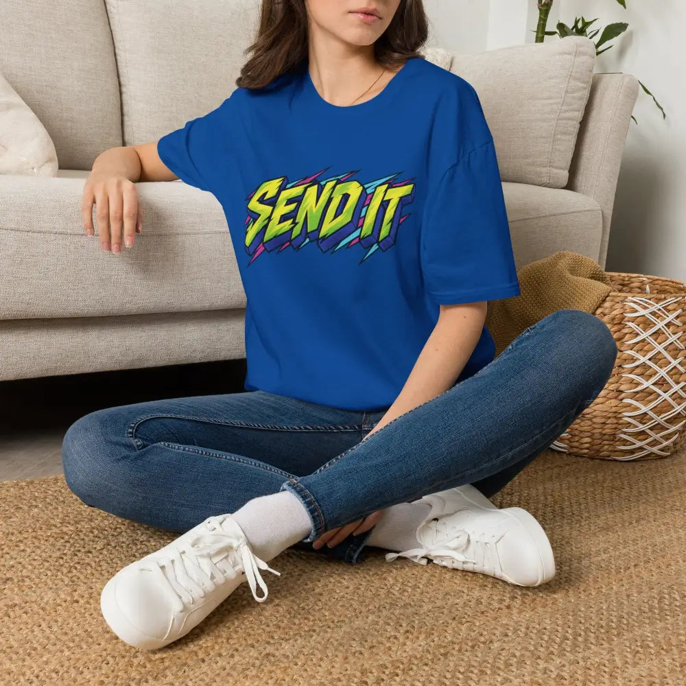 Blue send it graphic unisex t-shirt made of ethically sourced ring-spun cotton with bold colorful graffiti print