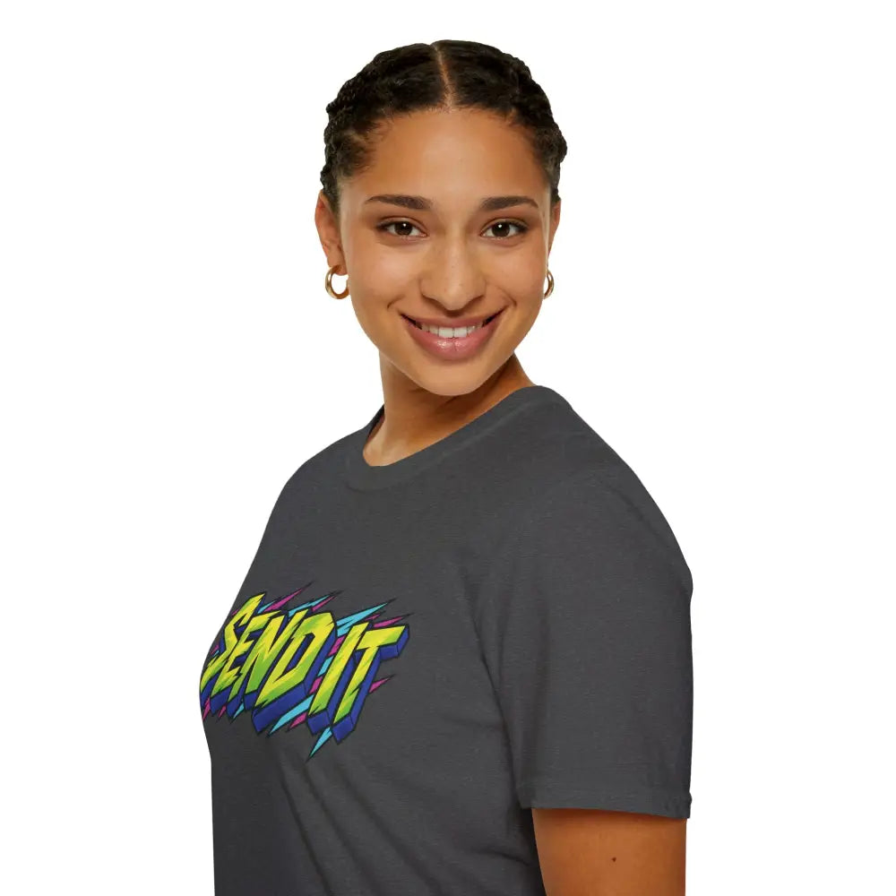 Dark gray ethically sourced ring-spun cotton send it graphic unisex t-shirt with vibrant retro skate design and low heat care