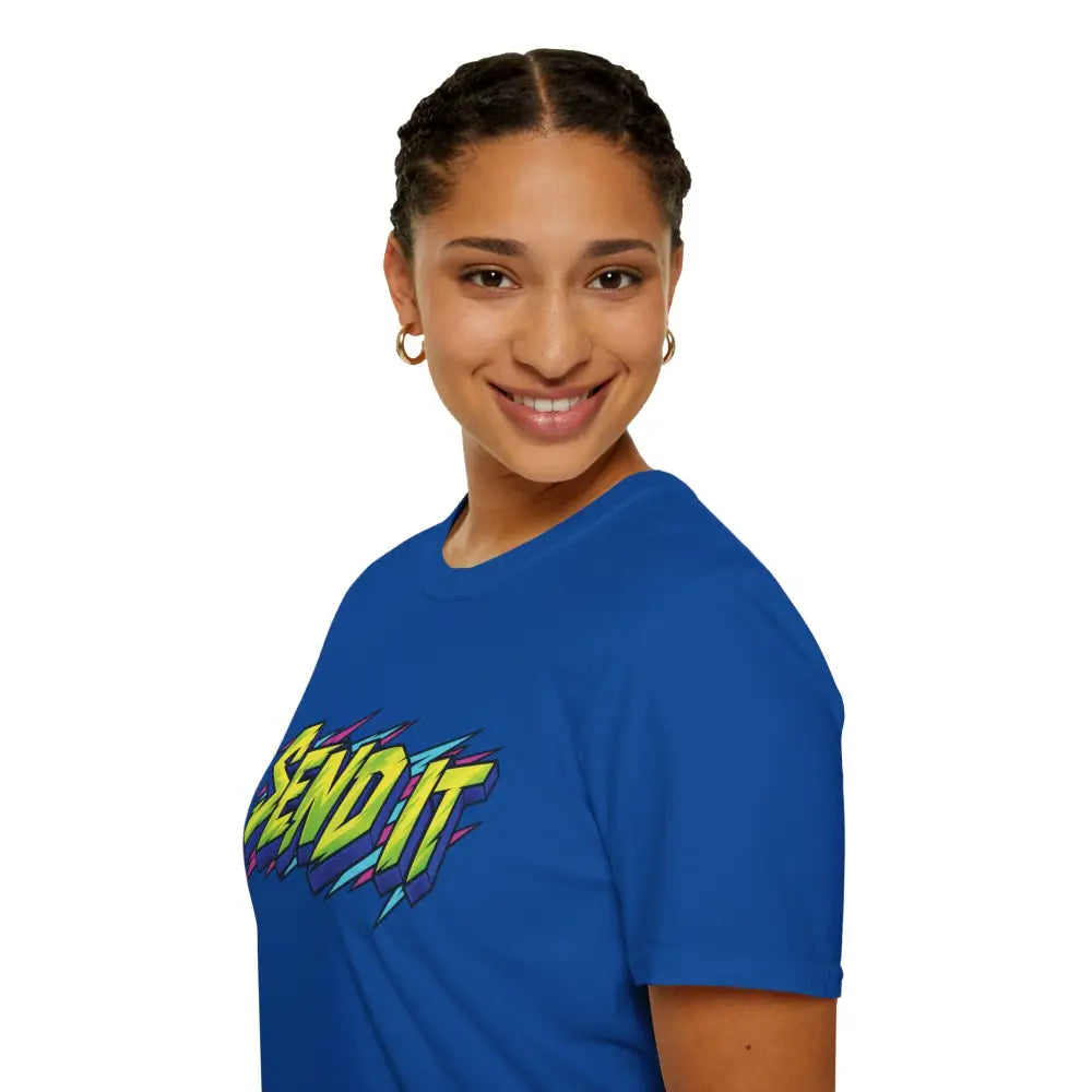 Blue cotton send it graphic unisex t-shirt with neon lightning bolts made from ethically sourced ring-spun cotton