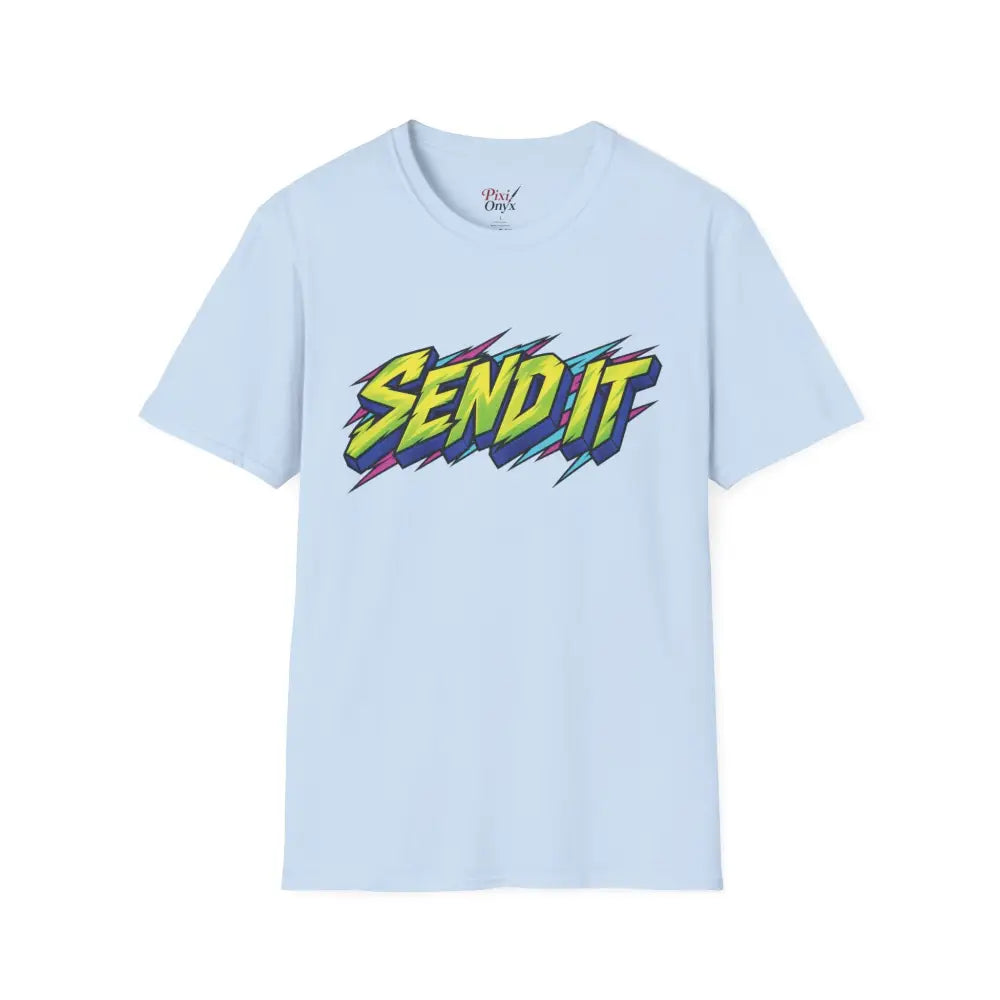 Light blue unisex short-sleeved send it graphic t-shirt made of ethically sourced ring-spun cotton with low heat care
