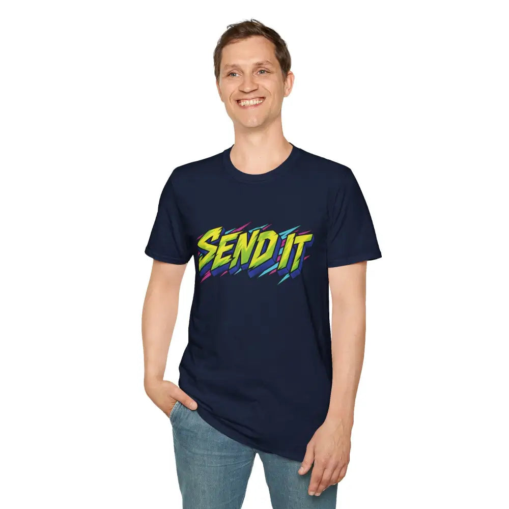 Navy blue send it graphic unisex t-shirt made of ethically sourced ring-spun cotton designed for low heat care