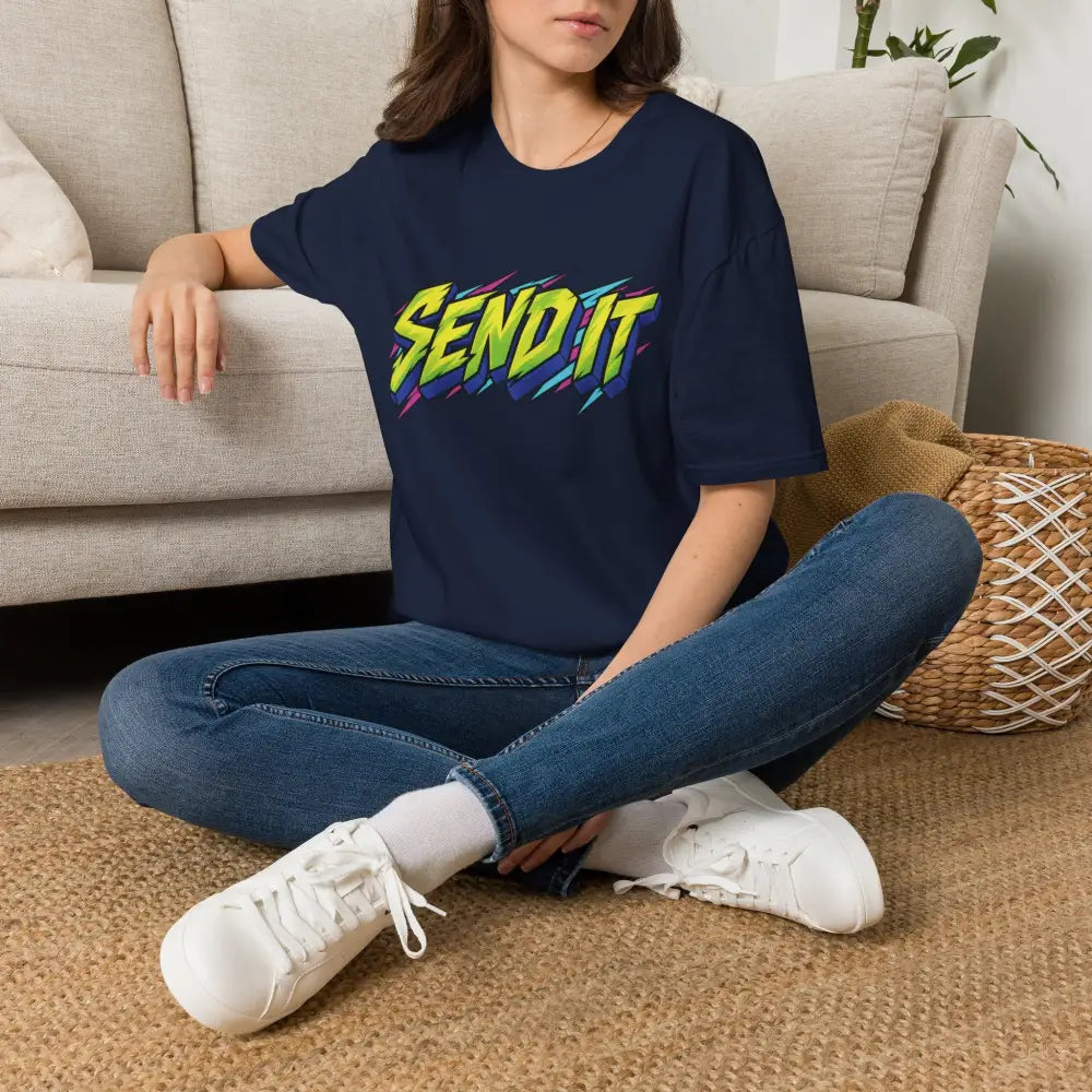 Navy blue oversized unisex t-shirt with bold neon send it graphic made from ethically sourced ring-spun cotton low heat care