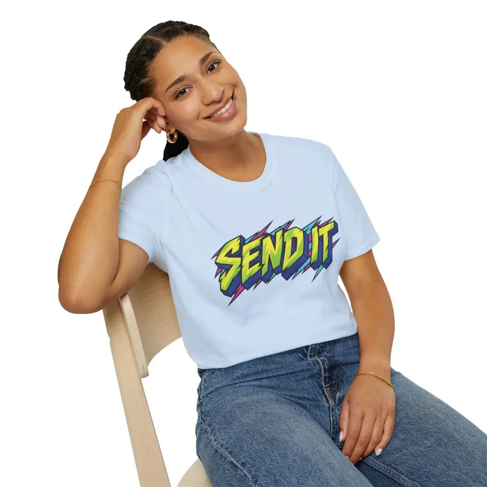 Light blue unisex ring-spun cotton t-shirt with bold yellow and purple send it graphic, low heat and ethically sourced