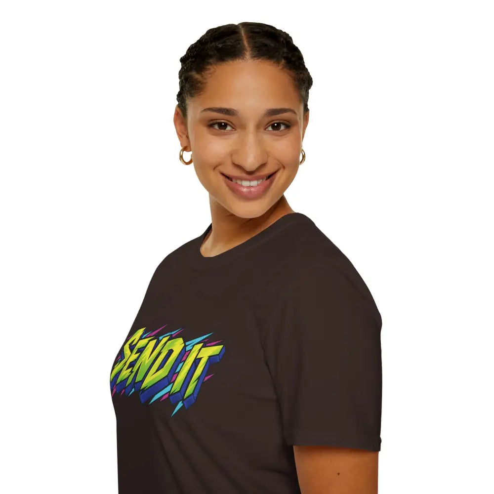Black send it graphic unisex t-shirt with vibrant multicolored print made of ethically sourced ring-spun cotton
