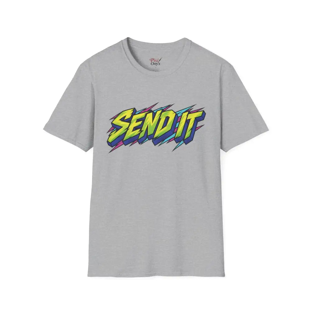 Gray ring-spun cotton send it graphic unisex t-shirt with bold yellow and blue lettering outlined in purple, ethically sourced