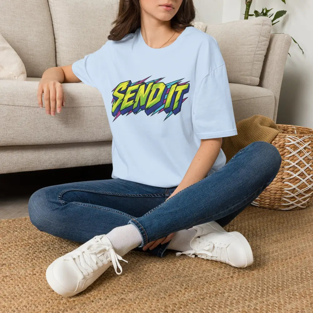 Light blue oversized send it graphic unisex t-shirt made of ethically sourced ring-spun cotton for bold retro style