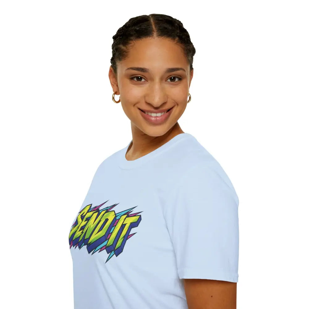 Light blue ring-spun cotton send it graphic unisex t-shirt featuring bold yellow and purple lettering, ethically sourced