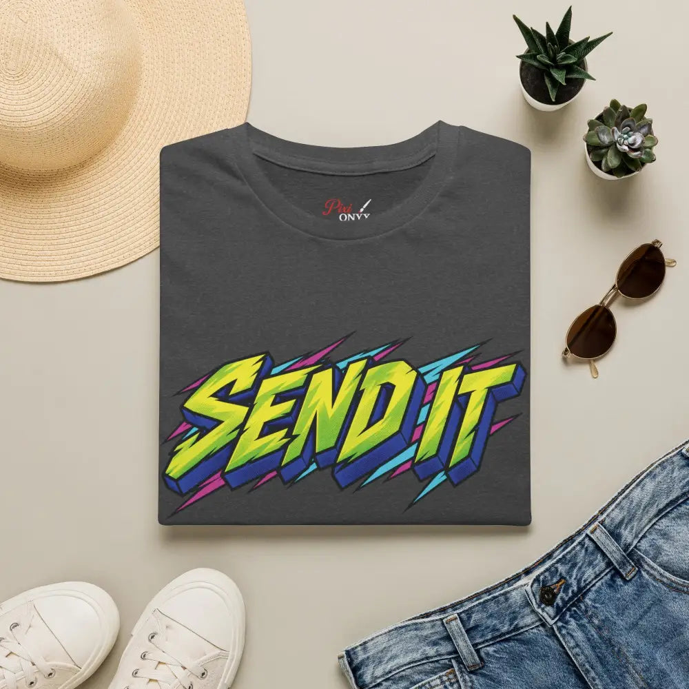 Dark gray unisex cotton t-shirt with bold neon send it graphic made from ethically sourced ring-spun cotton ideal for low heat care