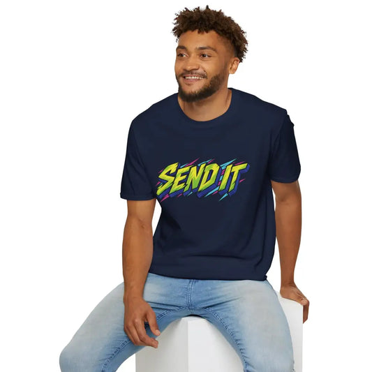 Navy blue send it graphic unisex t-shirt made of ethically sourced ring-spun cotton designed for low heat care