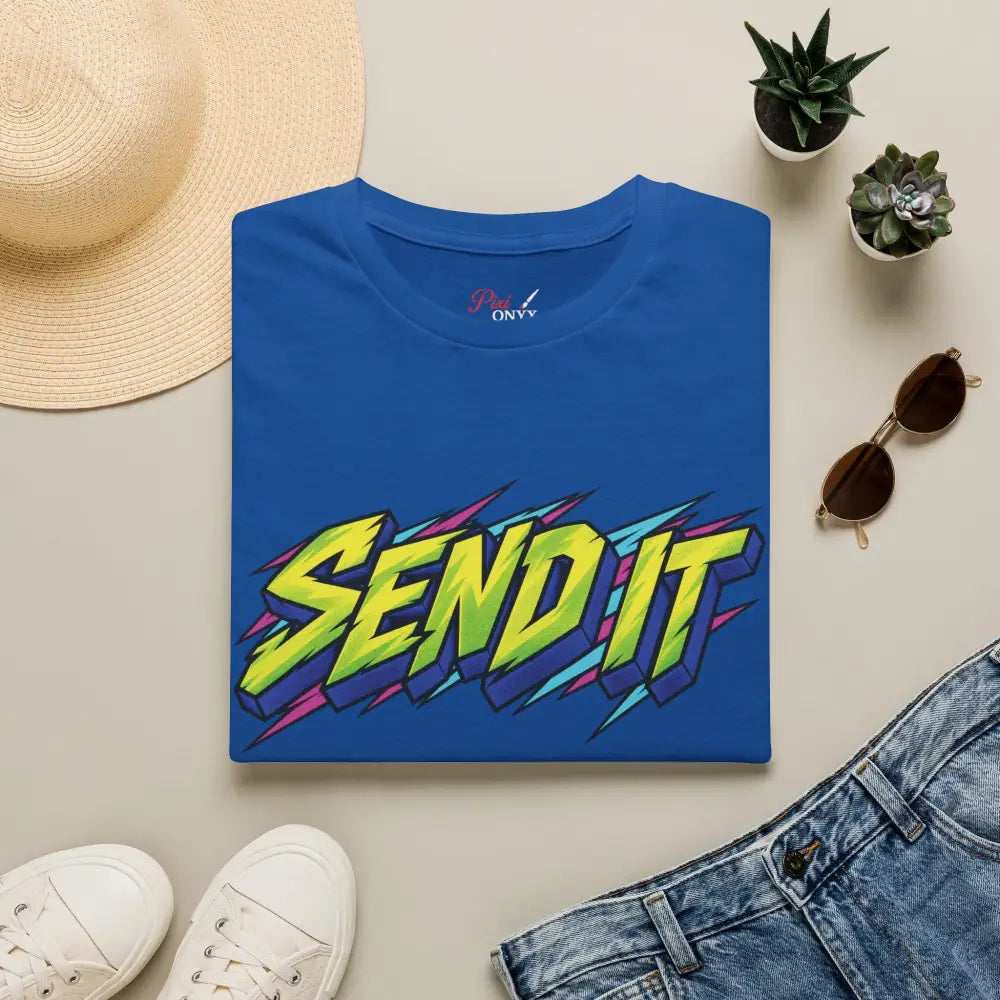 Blue cotton Send It graphic unisex t-shirt made of ethically sourced ring-spun cotton for low heat wear