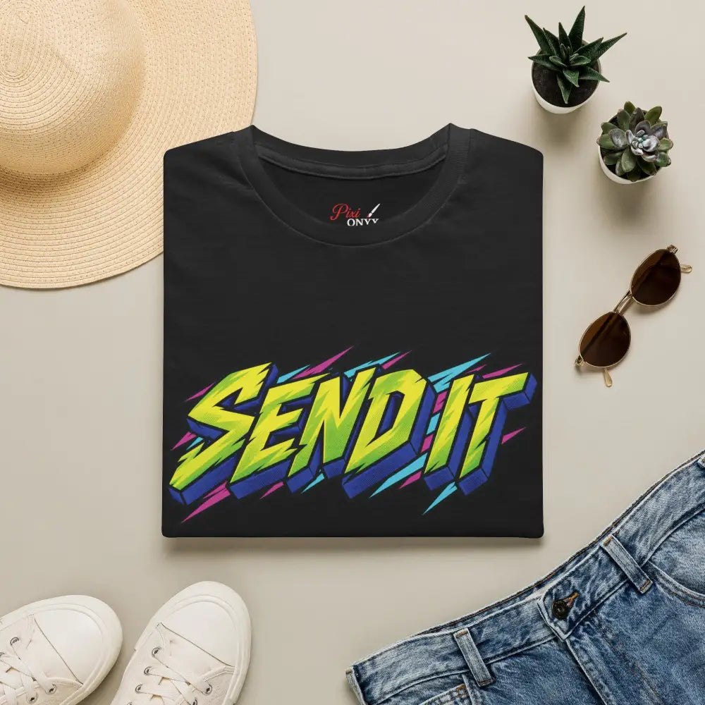 Black cotton send it graphic unisex t-shirt with bold neon colors made from ethically sourced ring-spun cotton