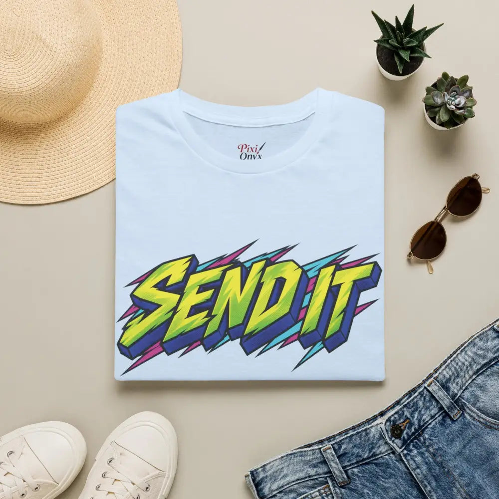 Light blue ring-spun cotton send it graphic unisex t-shirt with bold retro yellow and green lettering, ethically sourced, low heat care