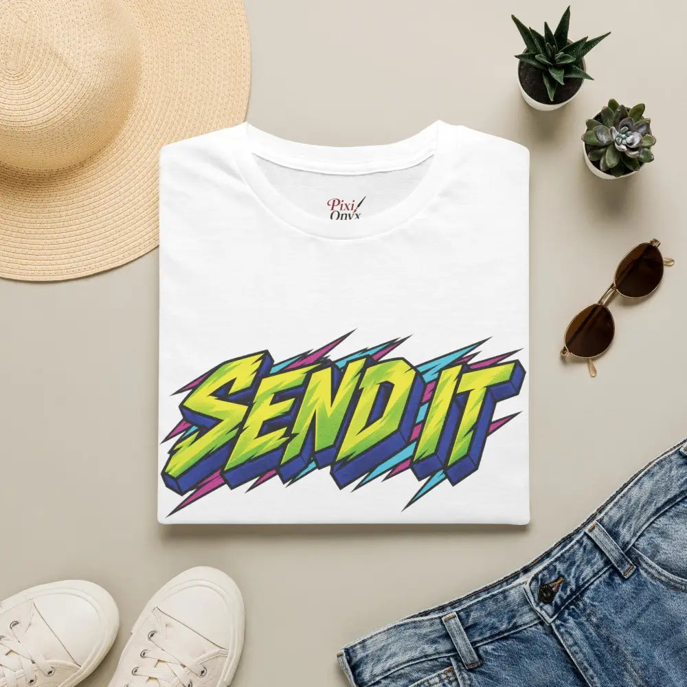 White ring spun cotton unisex t-shirt with bold neon green and blue send it graphic and purple lightning bolts, ethically sourced
