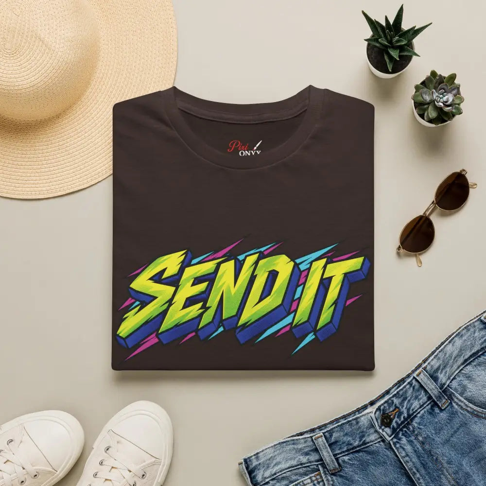 Dark brown send it graphic unisex t-shirt made from ethically sourced ring-spun cotton with bold neon gradient lettering