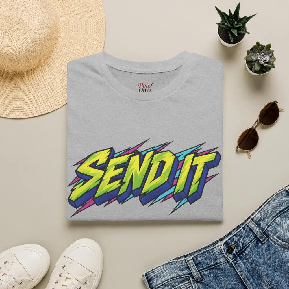Gray cotton send it graphic unisex t-shirt with bold yellow and green retro design made from ethically sourced ring-spun cotton