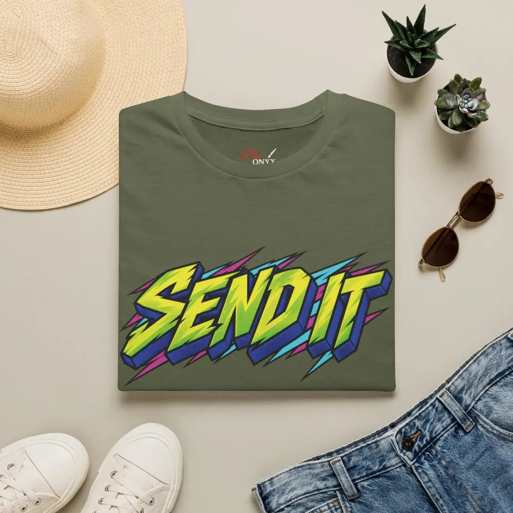 Olive green send it graphic unisex t-shirt made of ethically sourced ring-spun cotton with neon retro design