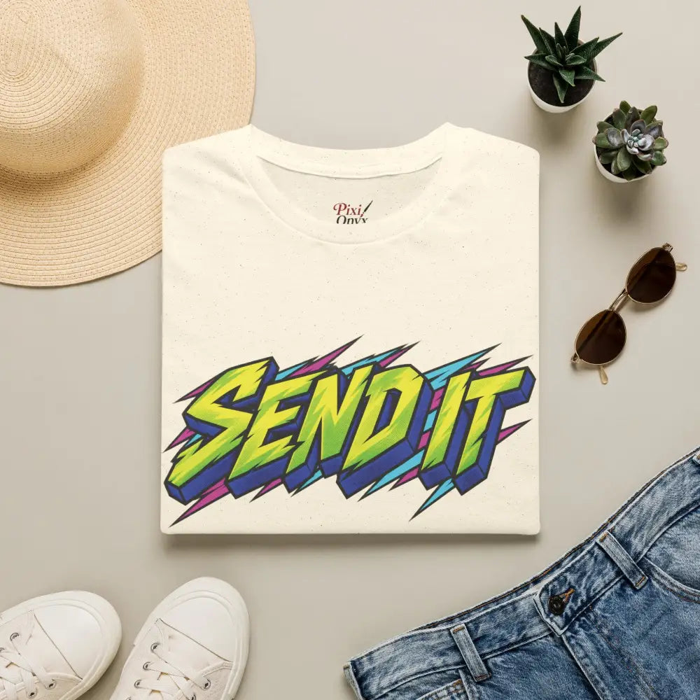 Cream-colored send it graphic unisex t-shirt made of ethically sourced ring-spun cotton for low heat drying
