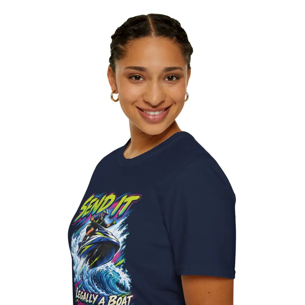 Navy blue send it jet ski unisex t-shirt with vibrant graphic and neon yellow text, low heat tumble dry care instructions
