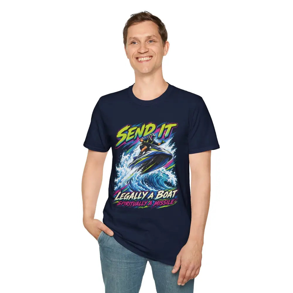 Navy blue send it jet ski unisex t-shirt with neon graphic and text care instructions low heat tumble dry safe