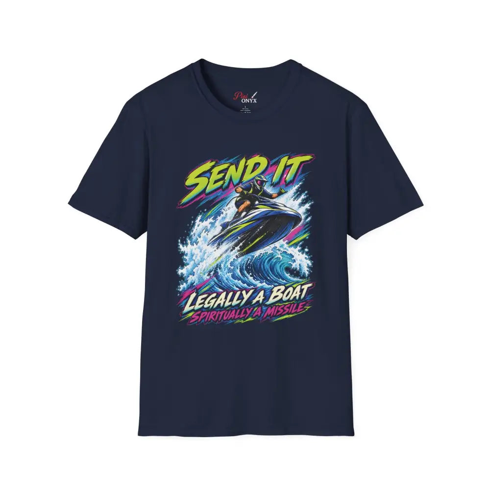 Navy blue short-sleeved unisex t-shirt with vibrant jet ski graphic send it legally a boat spiritually a missile, low heat tumble dry care instructions