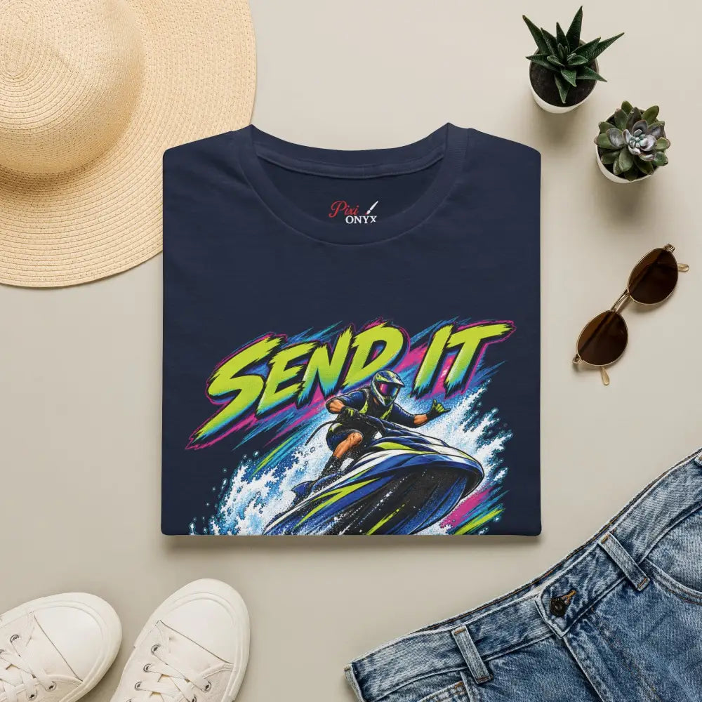 Navy blue send it jet ski unisex t-shirt with vibrant neon graphic, perfect for water sports, low heat tumble dry care instructions