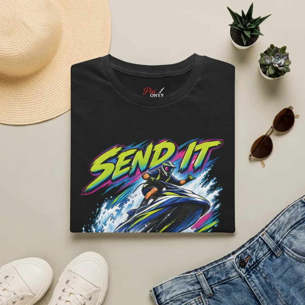 Black cotton send it jet ski unisex t-shirt with vibrant graphic and neon text includes low heat tumble dry care instructions