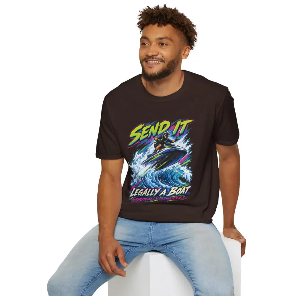 Black unisex cotton t-shirt featuring a neon jet ski graphic and send it legally a boat text with low heat care instructions