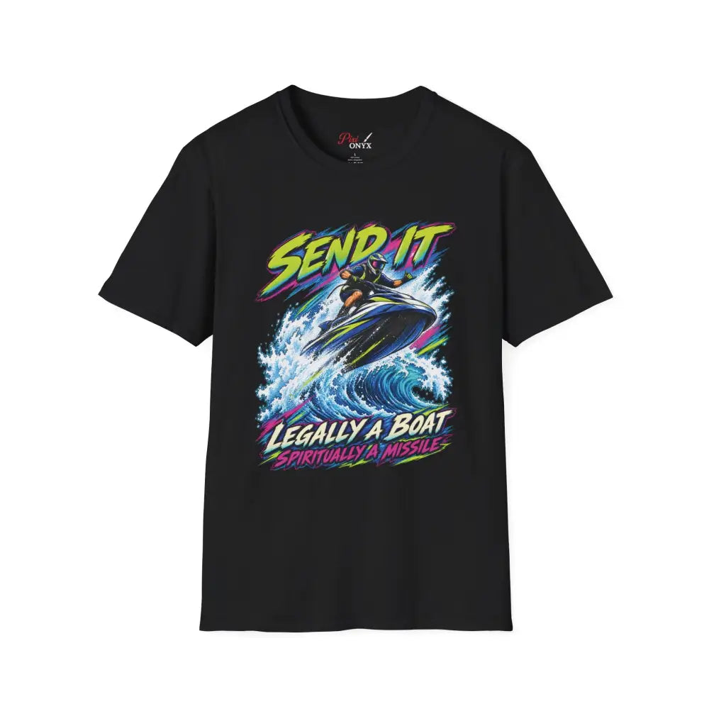 Black short-sleeved send it jet ski unisex t-shirt with vibrant graphic and care instructions for low heat tumble dry