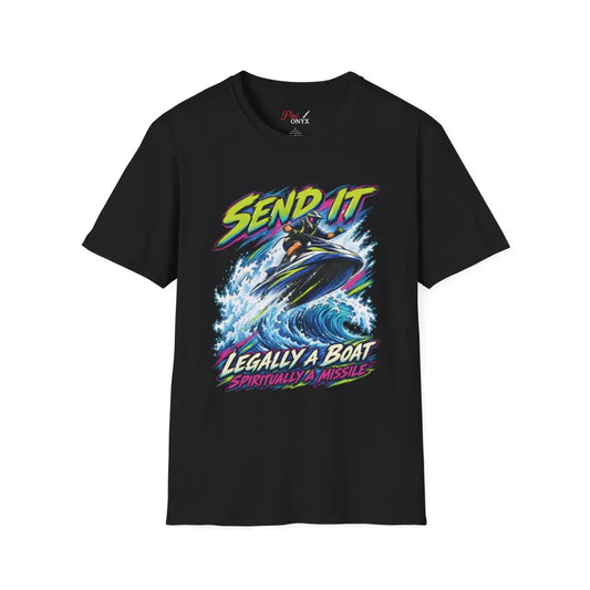 Black short-sleeved send it jet ski unisex t-shirt with vibrant graphic and care instructions for low heat tumble dry