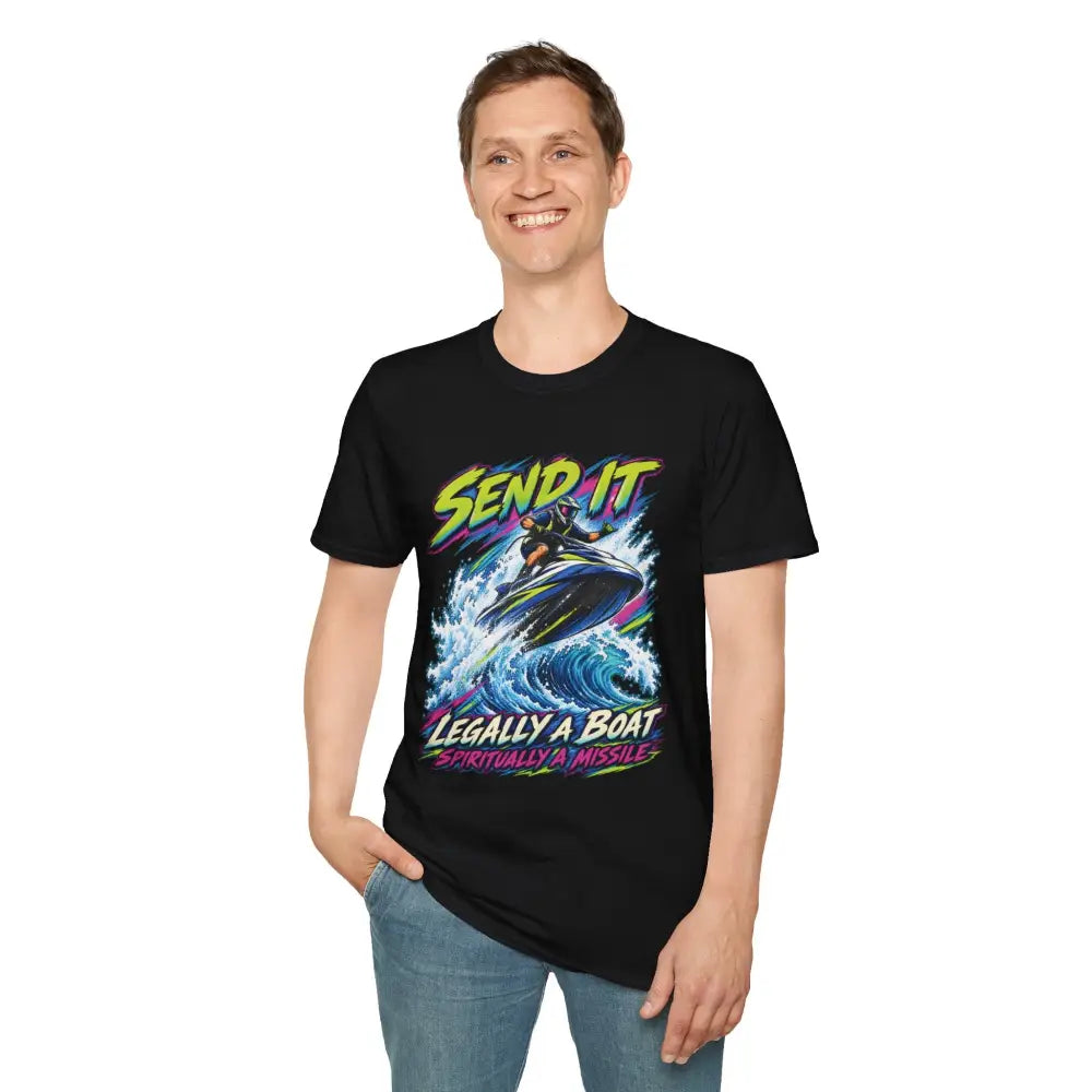 Black cotton send it jet ski unisex t shirt with vibrant retro graphic and neon text care instructions low heat tumble dry
