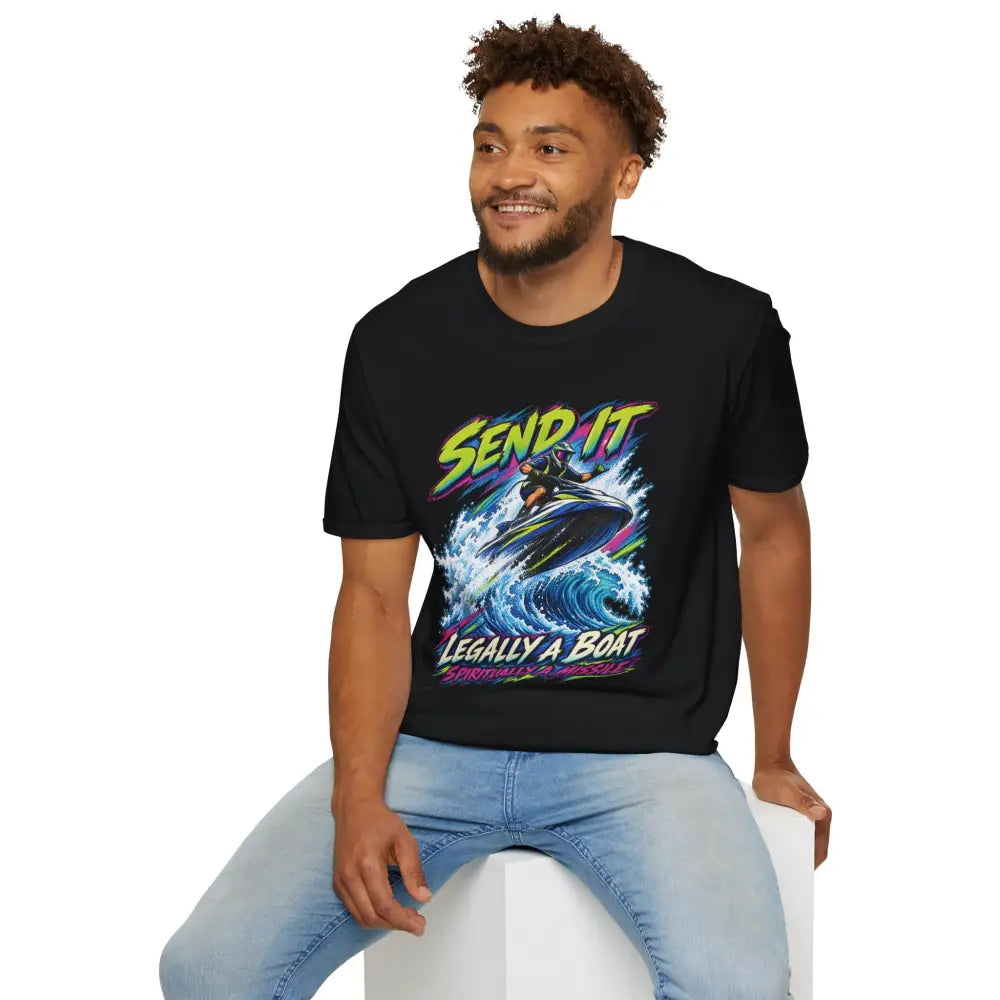 Black cotton send it jet ski unisex t-shirt with vibrant graphic and neon send it legally a boat text low heat tumble dry care instructions