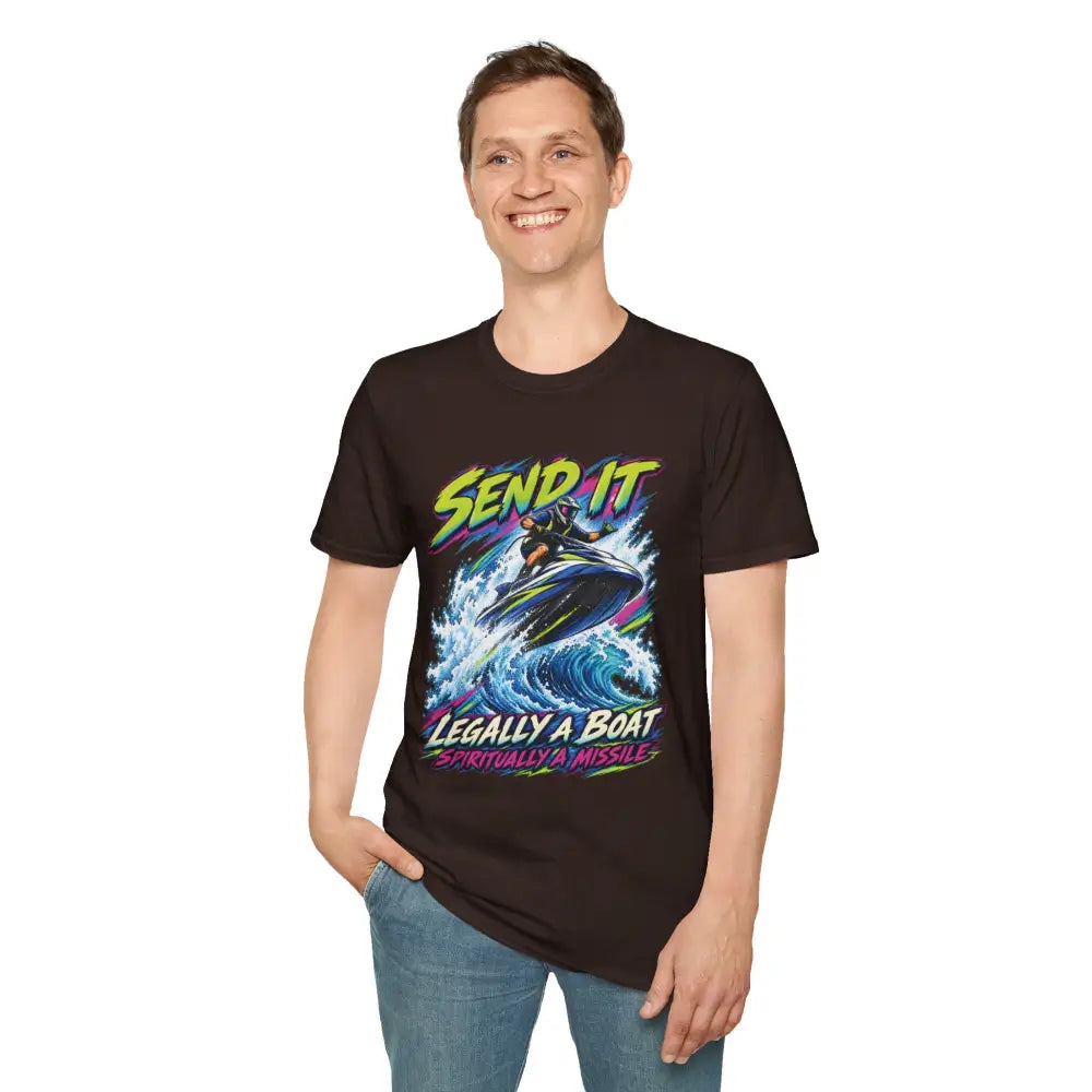 Black cotton send it jet ski unisex t-shirt with vibrant graphic and neon text, low heat tumble dry care instructions