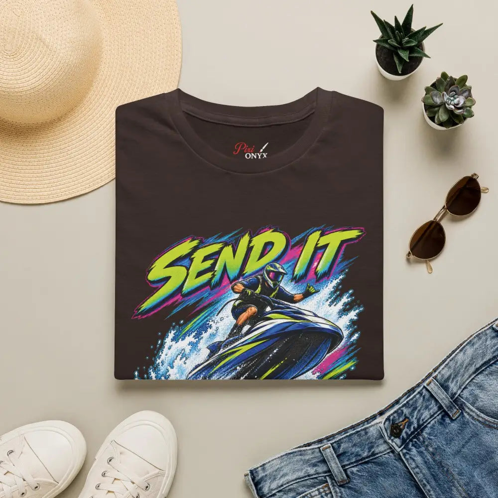 Dark brown cotton send it jet ski unisex t-shirt with neon graphic and care instructions for low heat tumble dry